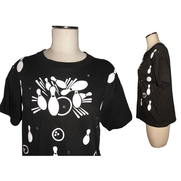 Vintage Rhinestones Puffy Print Bowling T Shirt | made USA - Picture 7 of 8